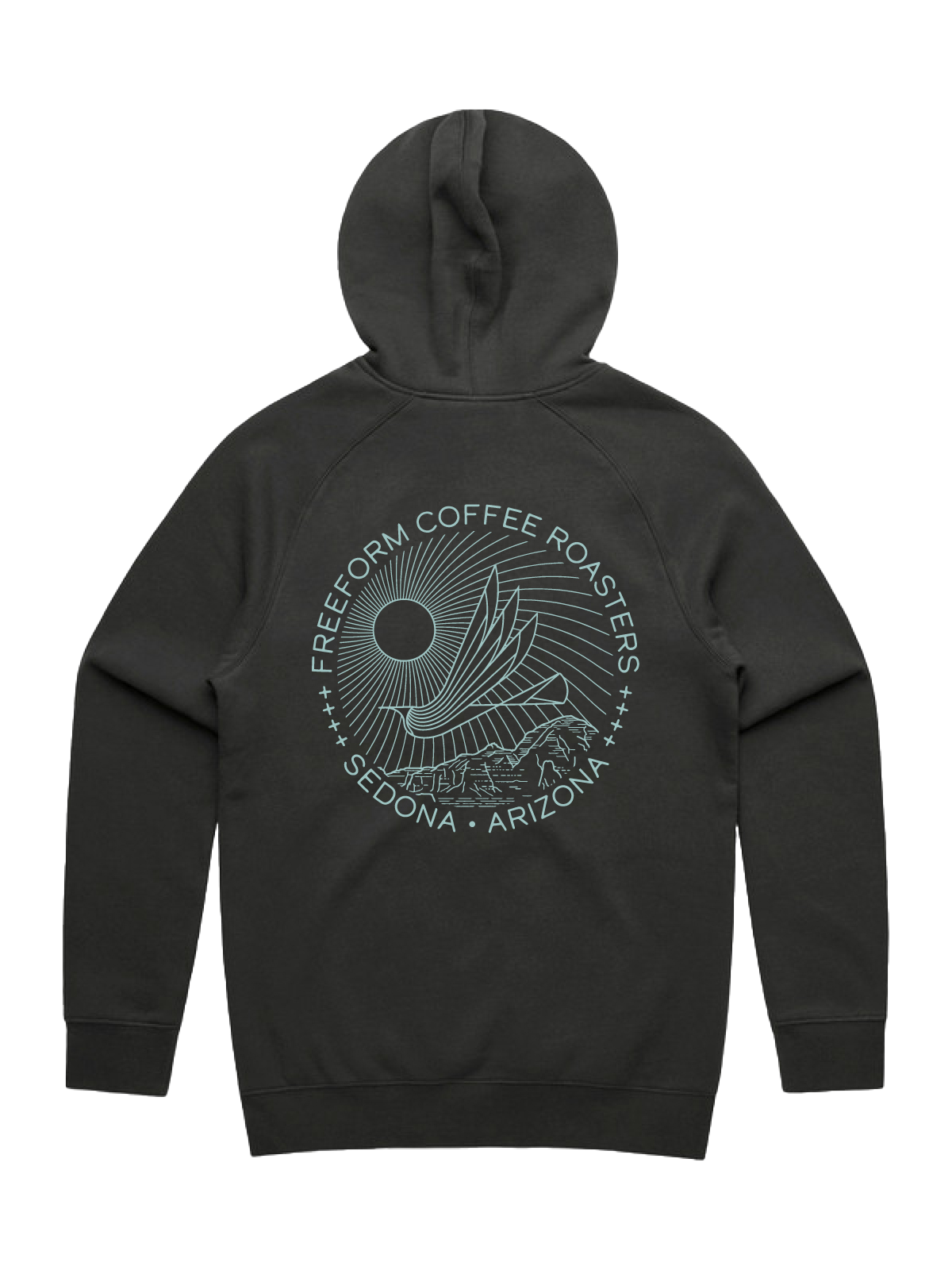 Charcoal hoodie with 'FreeForm Coffee Roasters' illustration printed in teal