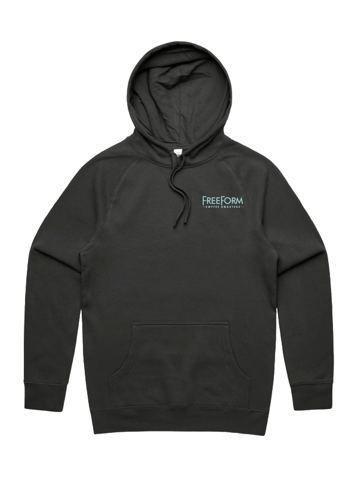 Charcoal hoodie with 'FreeForm Coffee' logo printed in teal